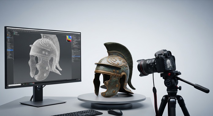 Anwendung der Fotogrammetrie zur Digitalisierung von Kulturerbe: Ein historischer Helm wird in einem Labor berührungslos gescannt, um ein präzises 3D-Modell für die digitale Archivierung zu erstellen.