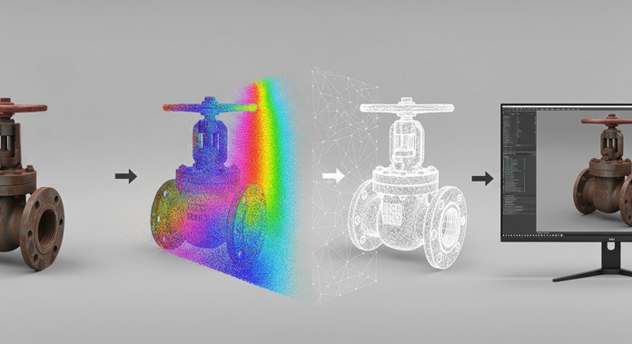 Anwendungsbeispiele der Fotogrammetrie für die Industrie: Eine Sammlung von präzise 3D-gescannten Maschinenteilen für das Reverse Engineering und die Digitalisierung.